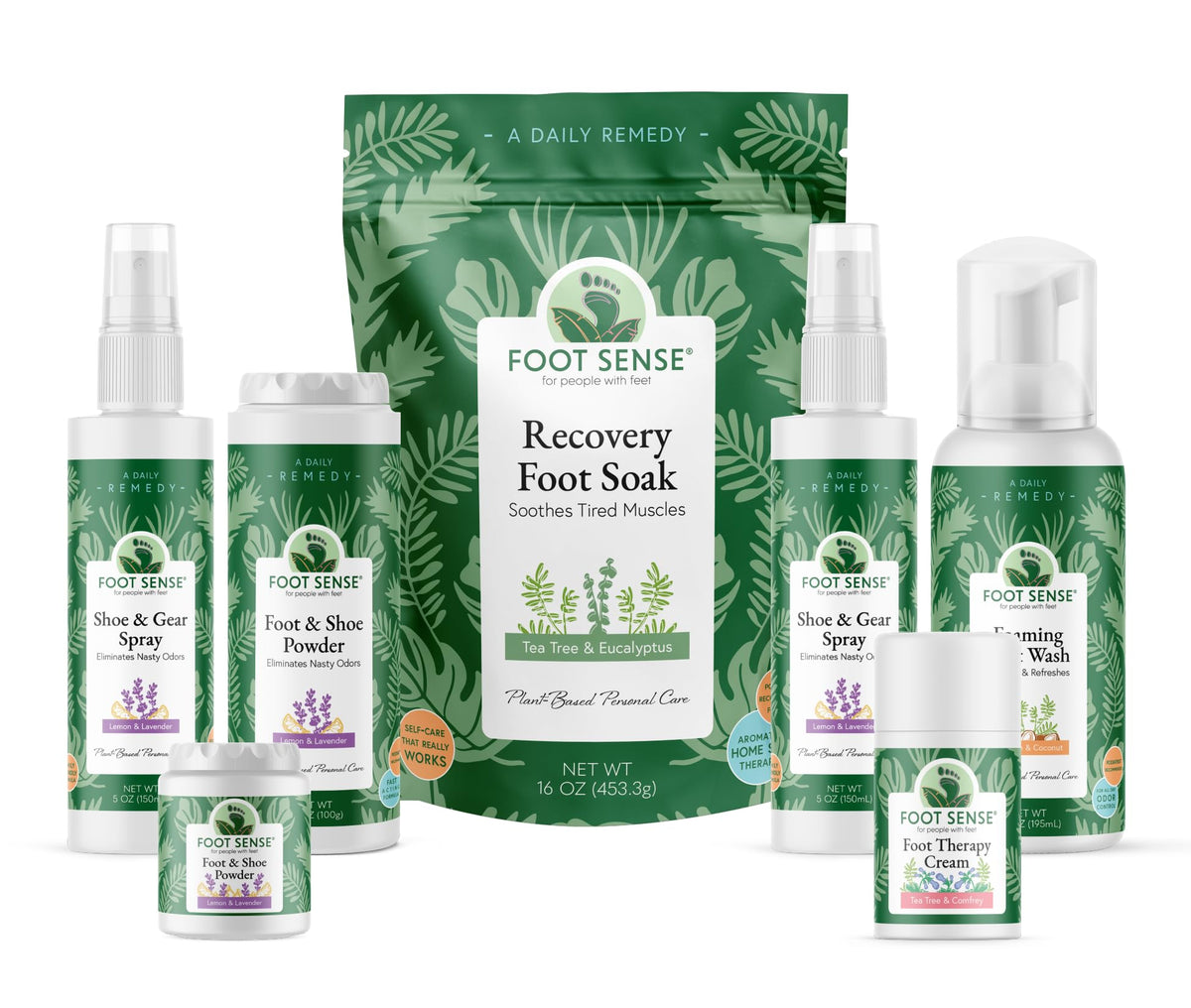 Foot Sense Tea Tree Oil Wash closeup highlighting natural ingredients