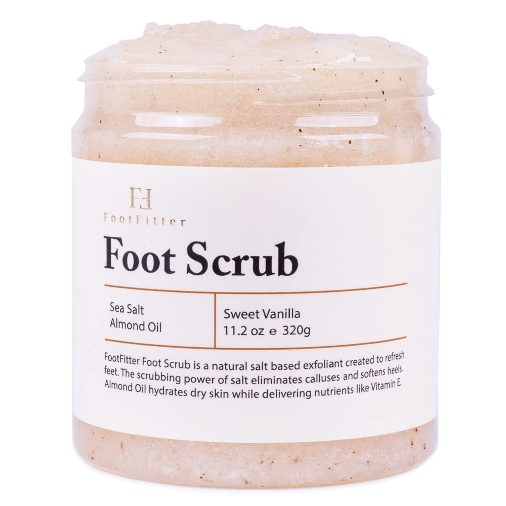 FootFitter Sea Salt Foot Scrub bottle highlights exfoliation to refresh tired feet.