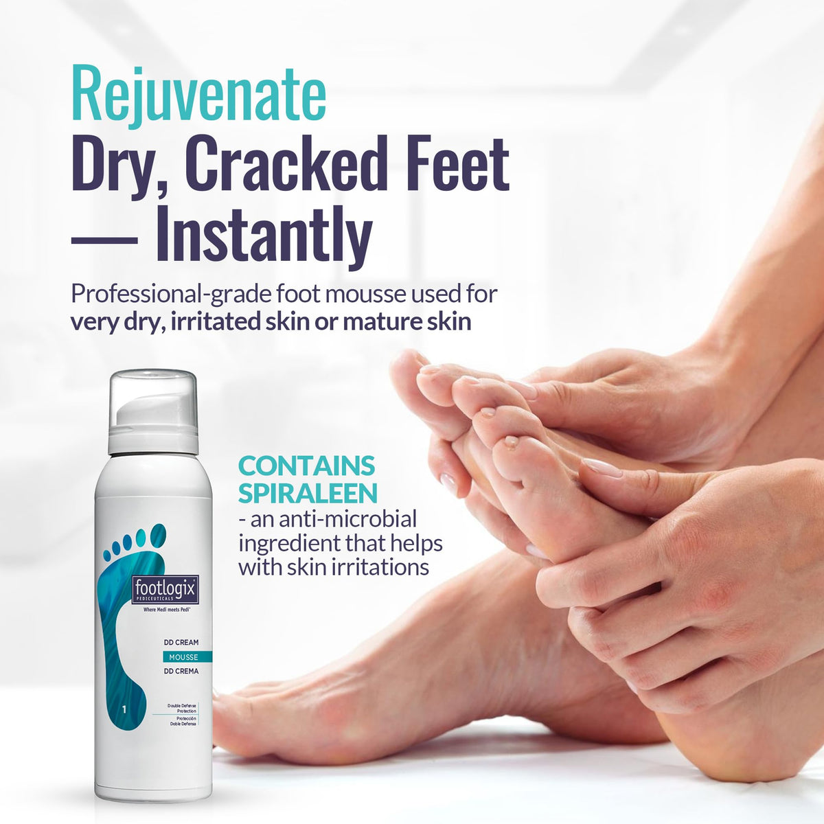 Packaging side view of Footlogix DD Cream Mousse with fragrance-free formula.