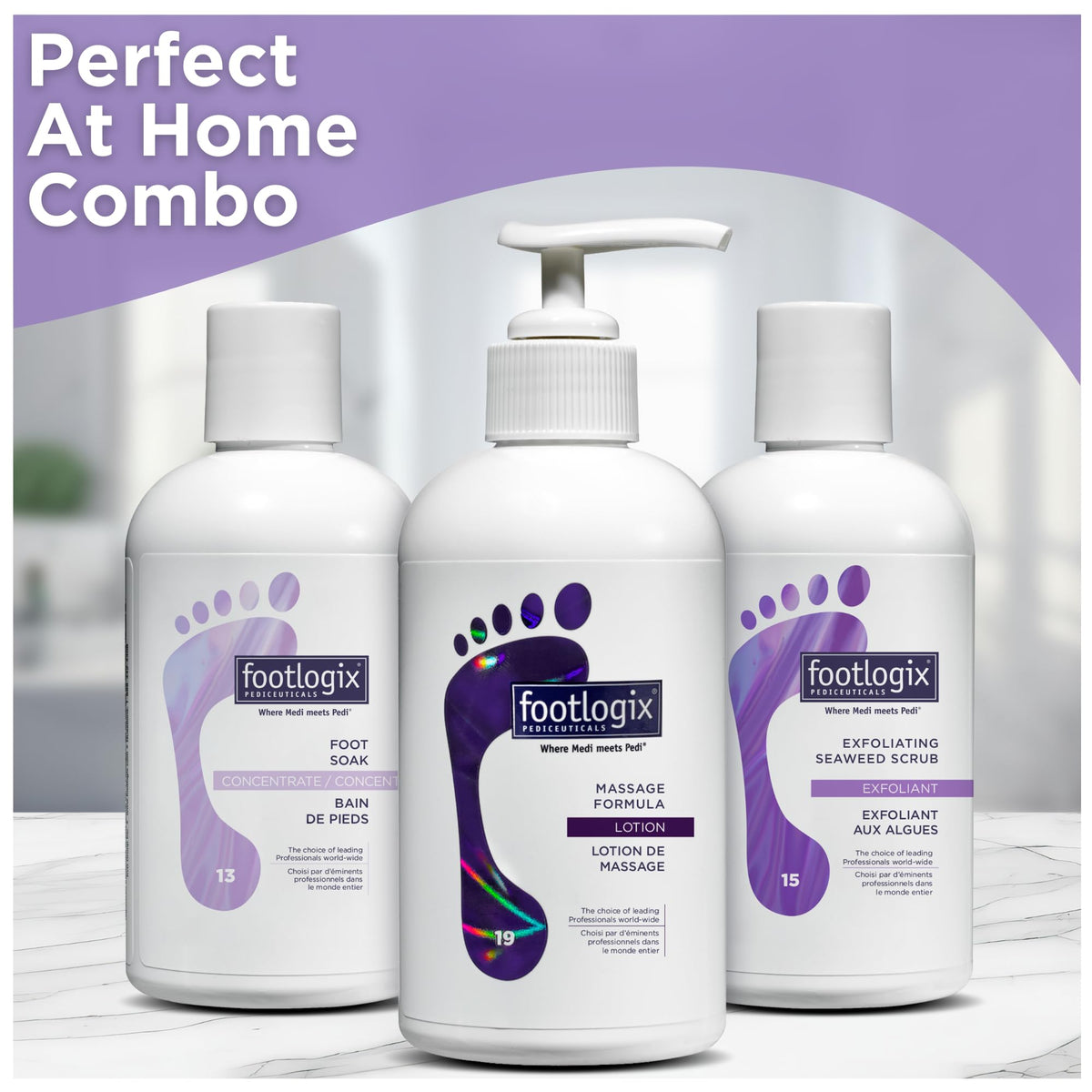 Footlogix Foot Soak Concentrate bottle with spa-like routine for diabetic-friendly foot care.