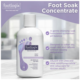 Footlogix Foot Soak Concentrate dissolving in water illustrating foot skin-softening benefits.