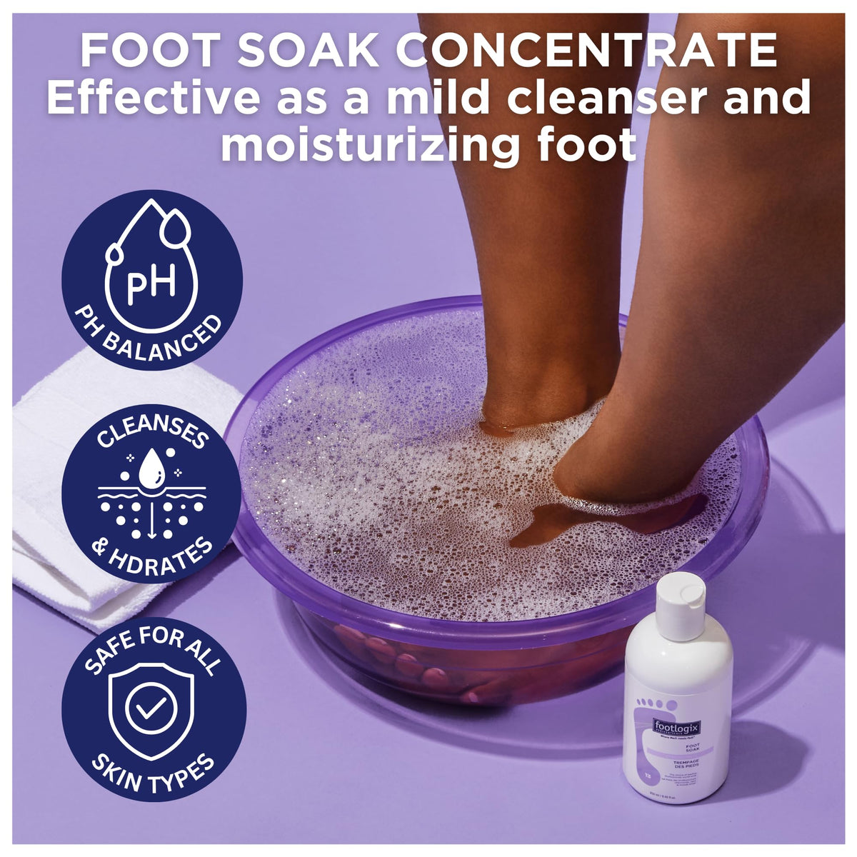 Footlogix Foot Soak Concentrate in bathwater demonstrating gentle cleansing without dehydration.