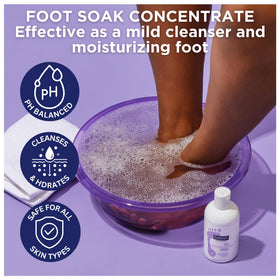 Footlogix Foot Soak Concentrate in bathwater demonstrating gentle cleansing without dehydration.
