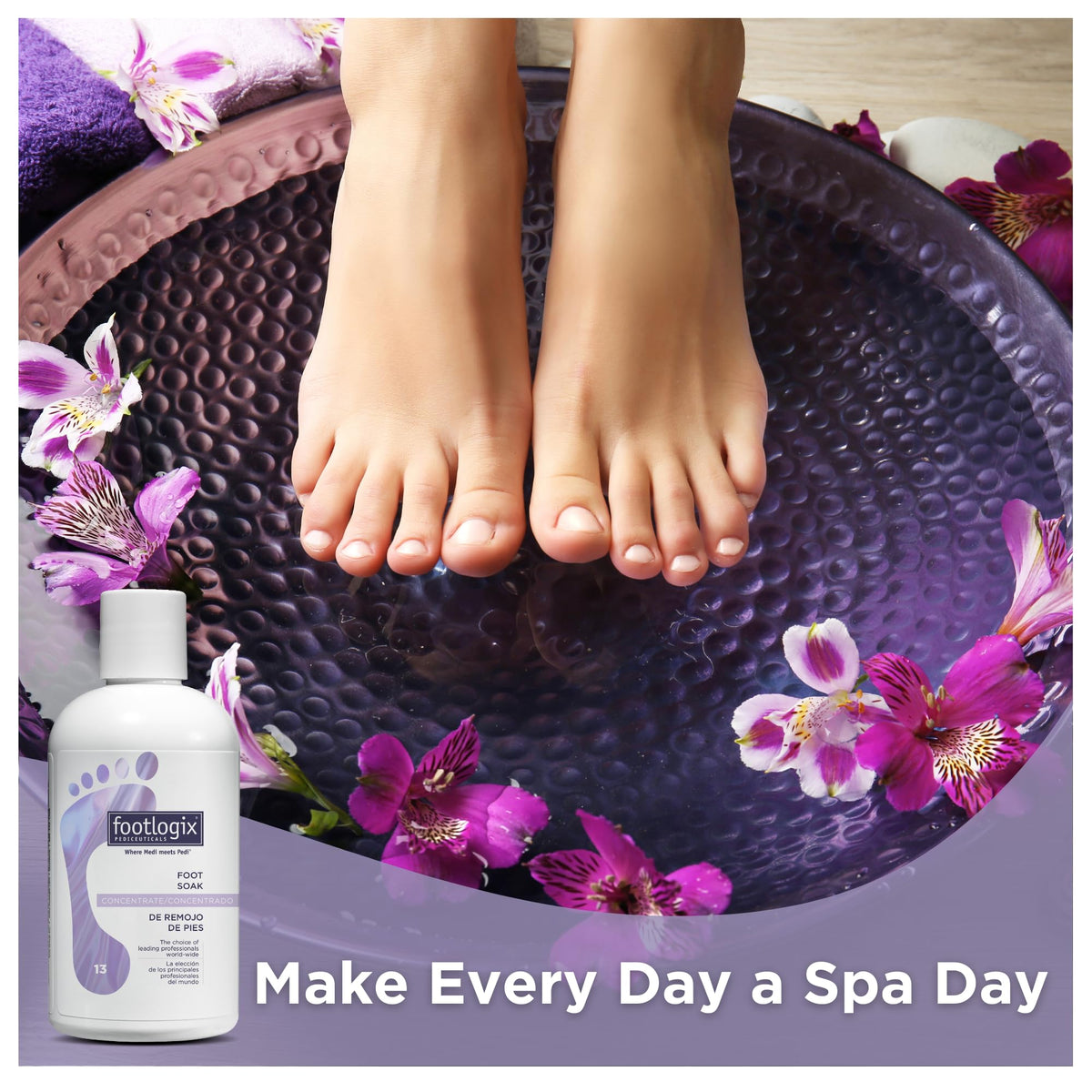 Footlogix Foot Soak Concentrate pour cap shown for quick, relaxing foot care at home.