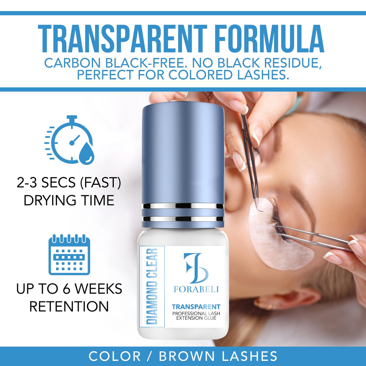 Forabeli Diamond Clear eyelash glue applied on lashes demonstrates seamless bonding for colored lashes.