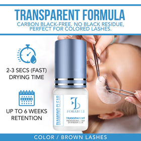 Forabeli Diamond Clear eyelash glue applied on lashes demonstrates seamless bonding for colored lashes.