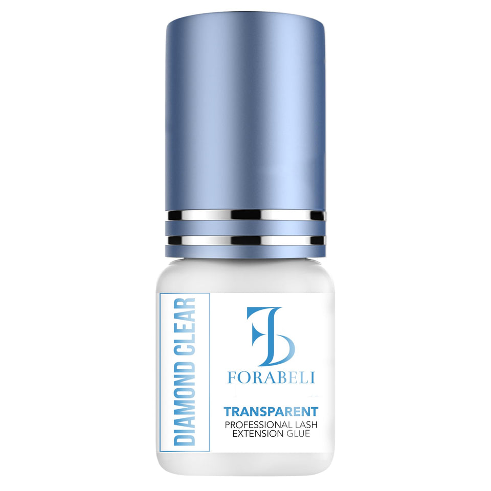 Forabeli Diamond Clear eyelash glue bottle closeup showing a fast-drying transparent bond.