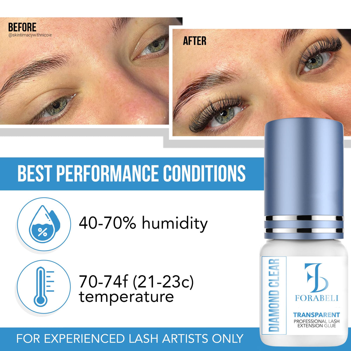 Forabeli Diamond Clear eyelash glue packaging back view noting safety and usage tips.
