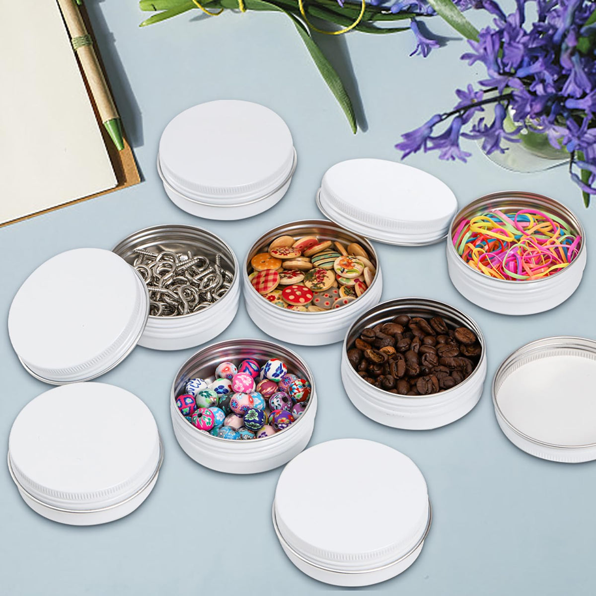 Foraineam 2 oz tins help organize slime and small crafts.