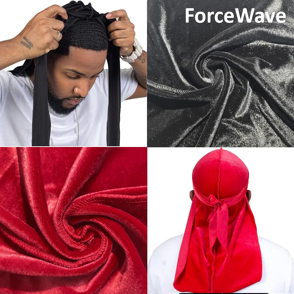 ForceWave velvet durag long-tail detail shows secure fit during activity.