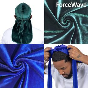 ForceWave velvet durag wide-strap detail indicates even pressure and comfort.