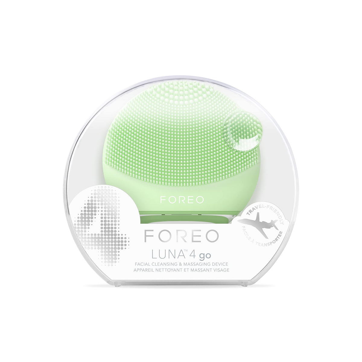 FOREO LUNA 4 go Pistachio finish complements travel and bathroom decor.