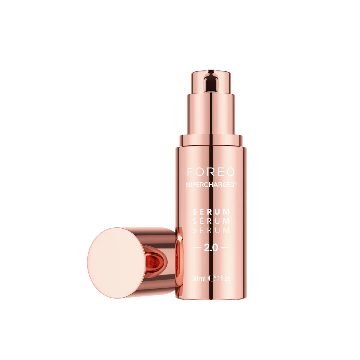 FOREO Supercharged Serum 2.0 bottle showcasing a hydrating formula for daily glow