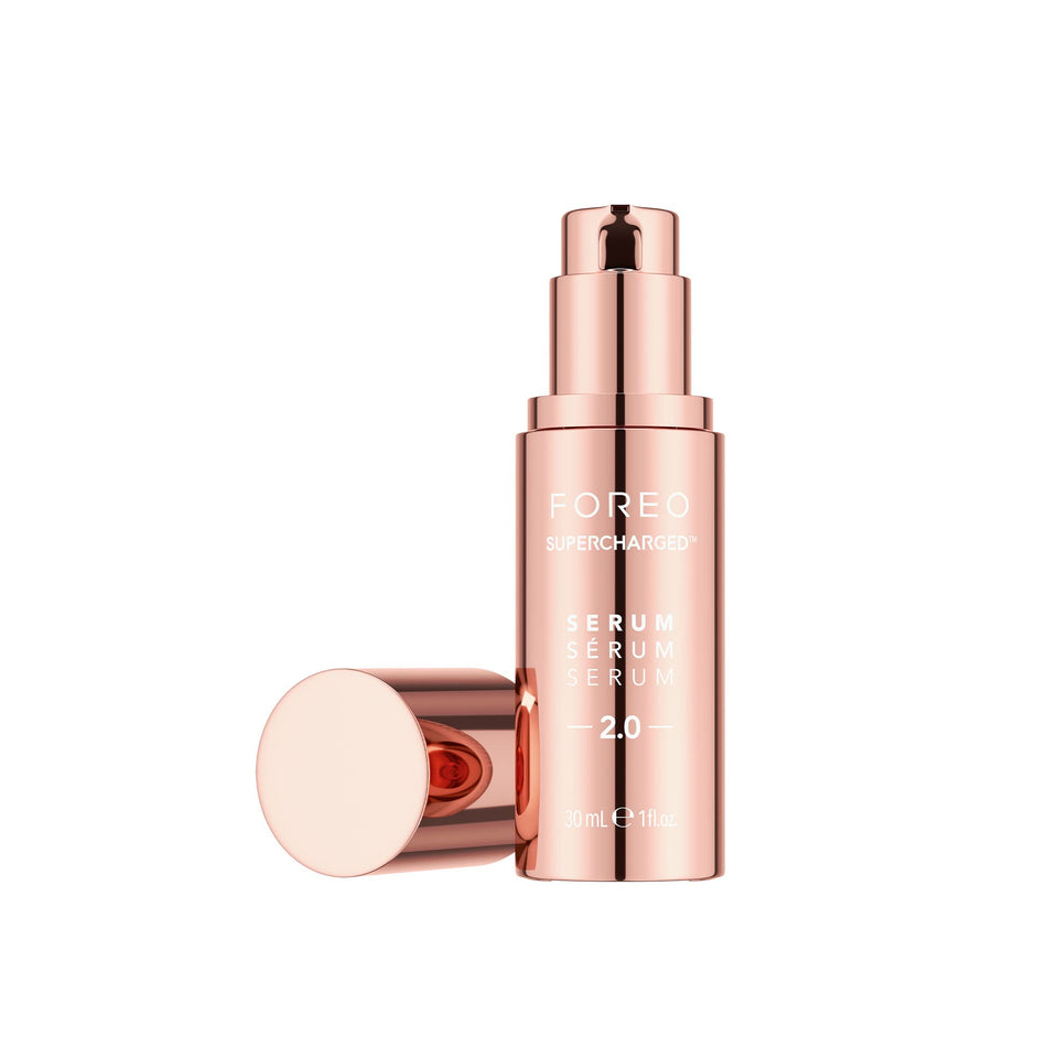 FOREO Supercharged Serum 2.0 bottle showcasing a hydrating formula for daily glow