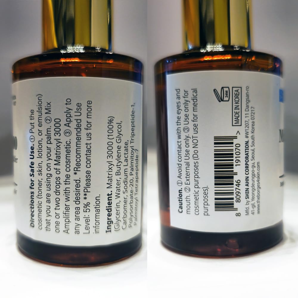 Close-up of the Matrixyl 3000 Amplifier serum dropper dispensing product.