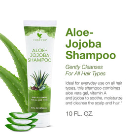 Forever Living Aloe Jojoba Shampoo bottle closeup showing nourishing ingredients