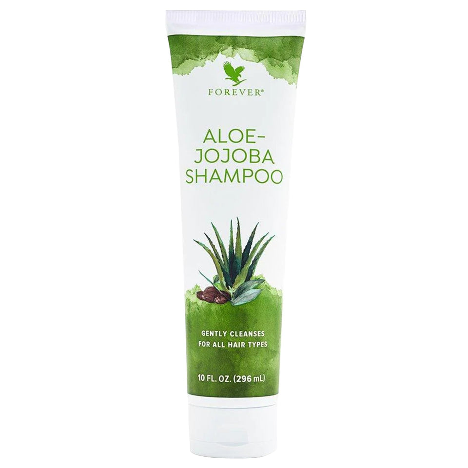 Forever Living Aloe Jojoba Shampoo bottle front with tropical fragrance for all hair types
