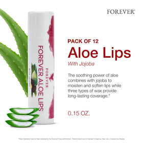 Forever Aloe Lips packaging highlighting vegan formula and gluten-free status for sensitive users.