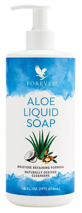 Forever Living Aloe Liquid Soap bottle highlight pearlescent formula for gentle cleansing and moisture