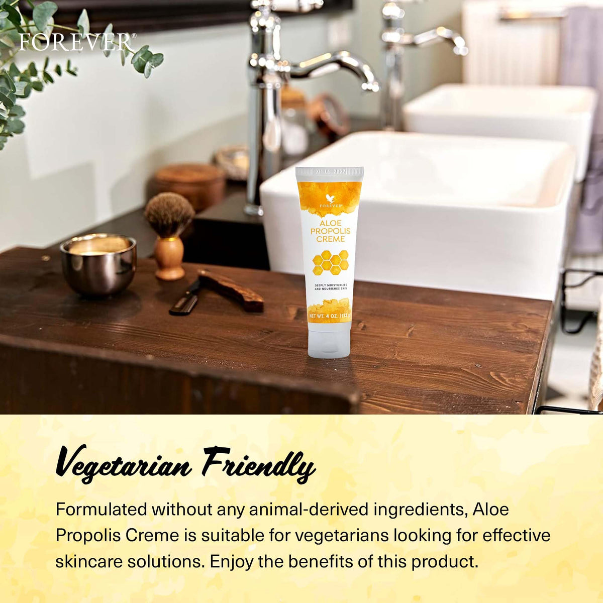 Forever Living Aloe Propolis Creme being applied to skin emphasizing gentle care