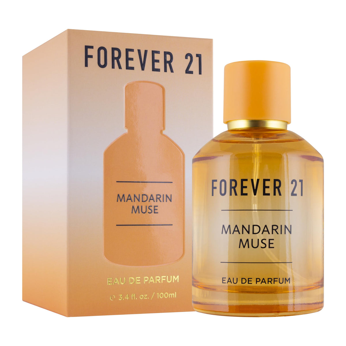 Forever 21 Mandarin Muse EDP bottle close-up, unveiling bright mandarin notes for an uplifting mood
