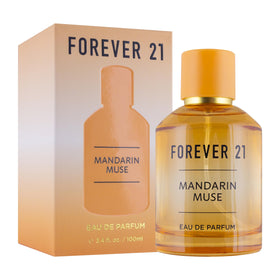 Forever 21 Mandarin Muse EDP bottle close-up, unveiling bright mandarin notes for an uplifting mood