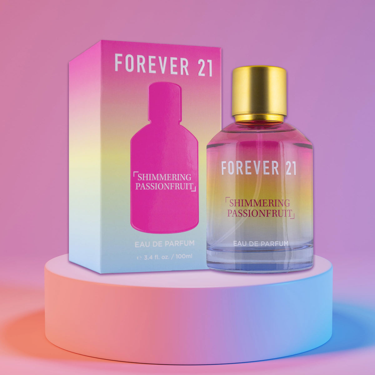 Forever 21 Shimmering Passionfruit label closeup, premium branding hints at a tropical scent.