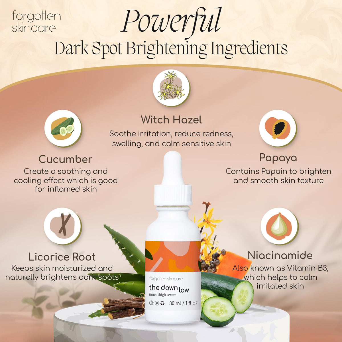 Forgotten Skincare Body Oil Serum features papaya enzyme and niacinamide for skin softness