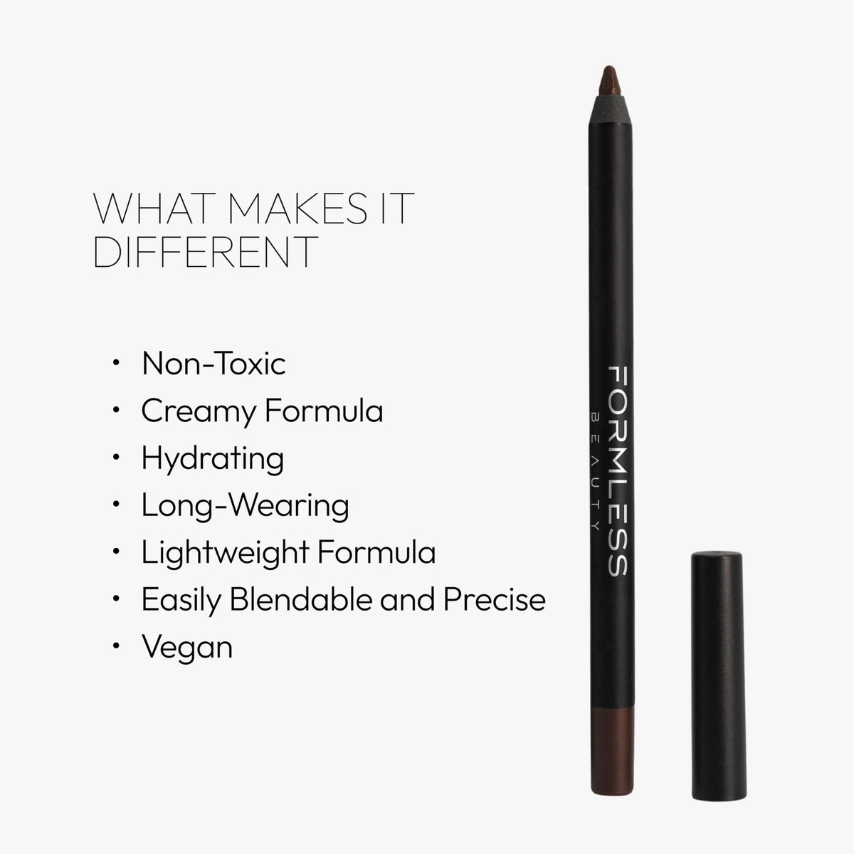 Formless Beauty Classic Eyeliner on the waterline shows comfortable, long-lasting wear.