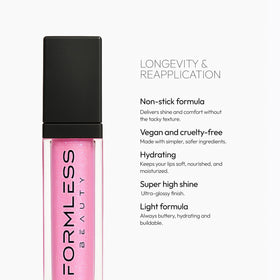Formless Beauty Love Lip Gloss packaging displays vegan and cruelty-free ethos.