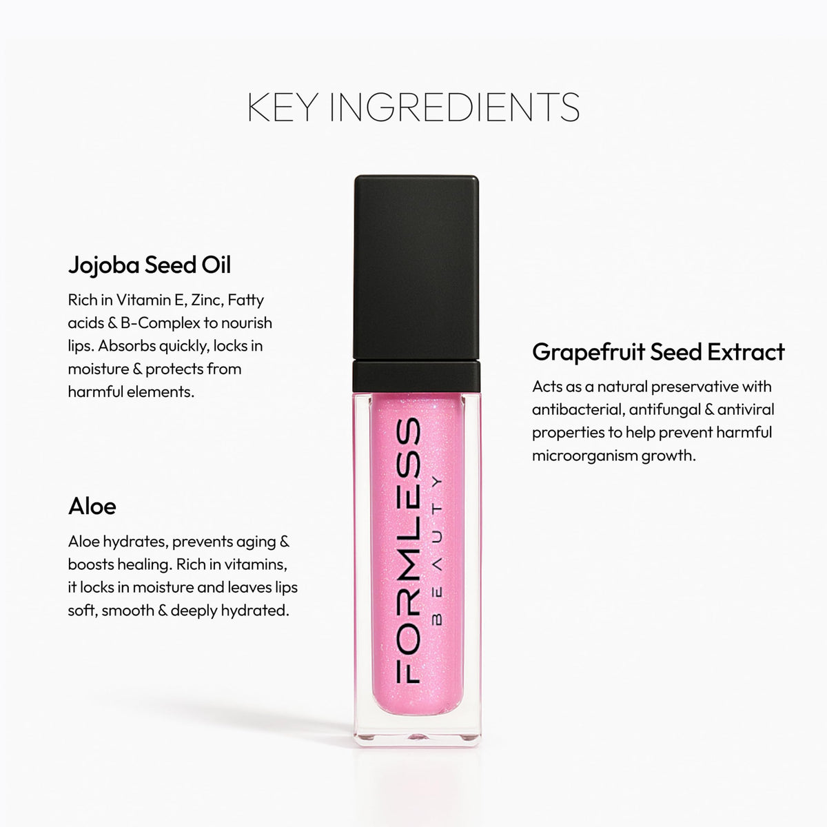 Formless Beauty Love Lip Gloss wand applies on lips for buildable shine.
