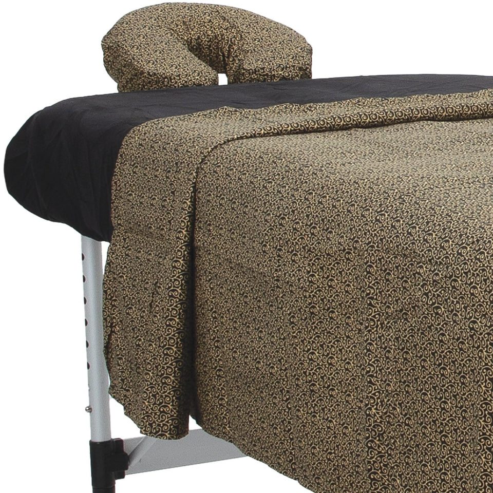 ForPro Premium Designer Massage Sheets with Golden Swirl set enhances table presentation and client comfort.