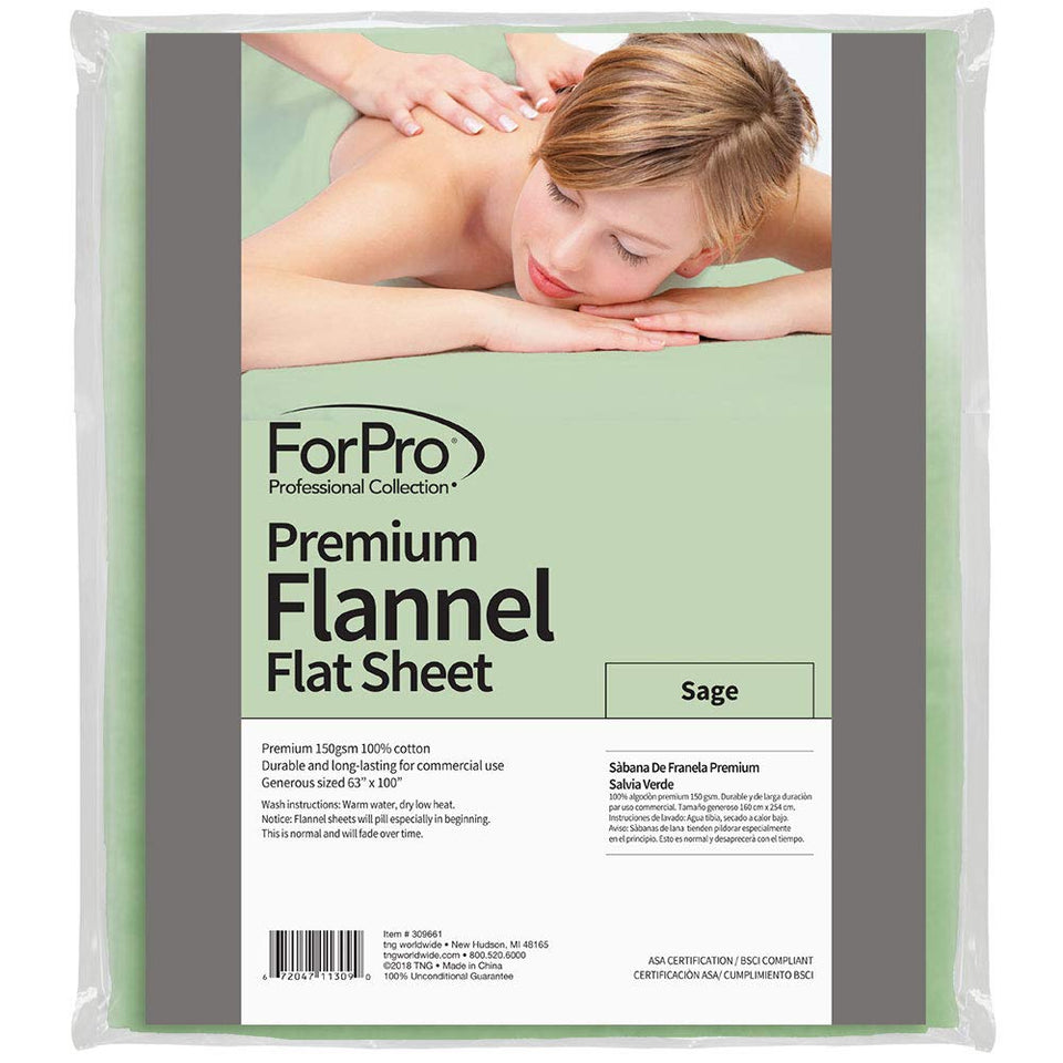 ForPro Premium flannel flat sheet on a sage massage table, lightweight and wrinkle-resistant.