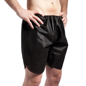 Disposable, individually wrapped shorts with elastic waistband for comfortable, modest coverage.