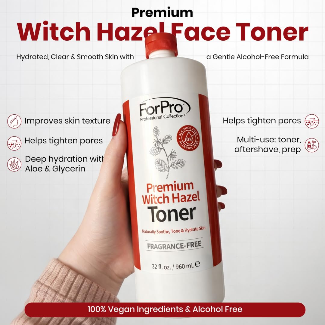 Application of ForPro Witch Hazel Toner with cotton pad for gentle toning.