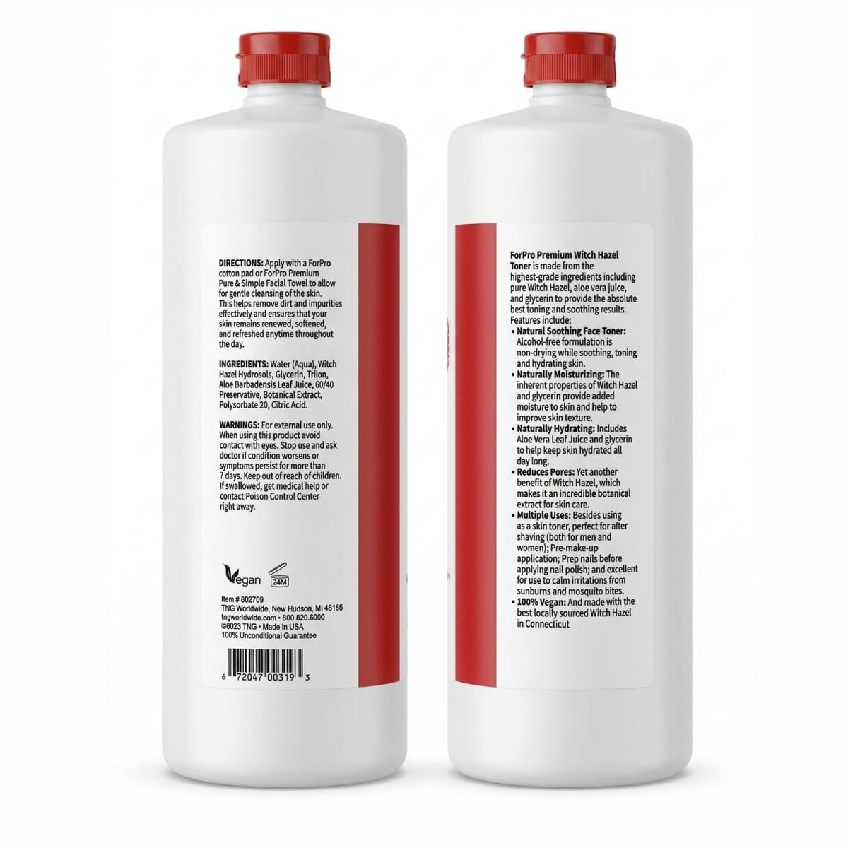 ForPro Witch Hazel Toner ingredients shown with aloe vera and glycerin for hydration.