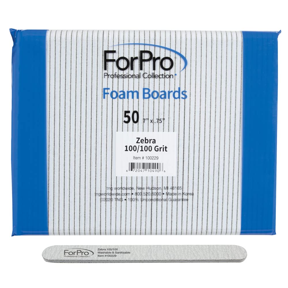 ForPro Zebra foam board nail file, double-sided 100/100 grit for versatile shaping.