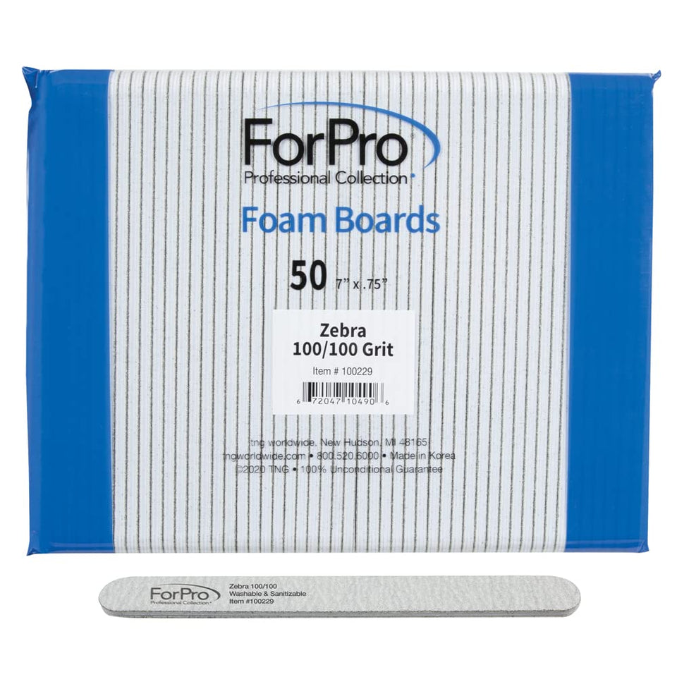 ForPro Zebra foam board nail file, double-sided 100/100 grit for versatile shaping.