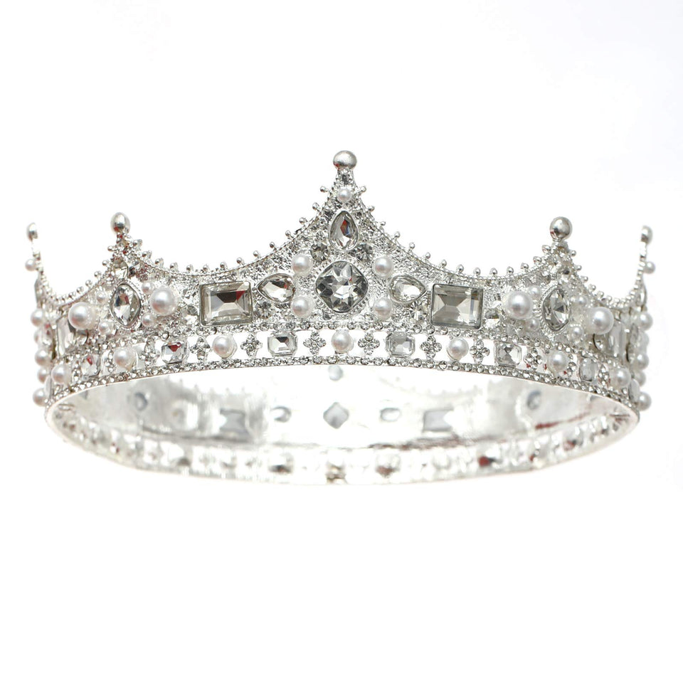 FORSEVEN King Crown for Men crystal close-up showing sparkling rhinestones and pearls for events