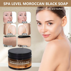 Forvirness Moroccan Black Soap ingredients show olive, argan, avocado oils