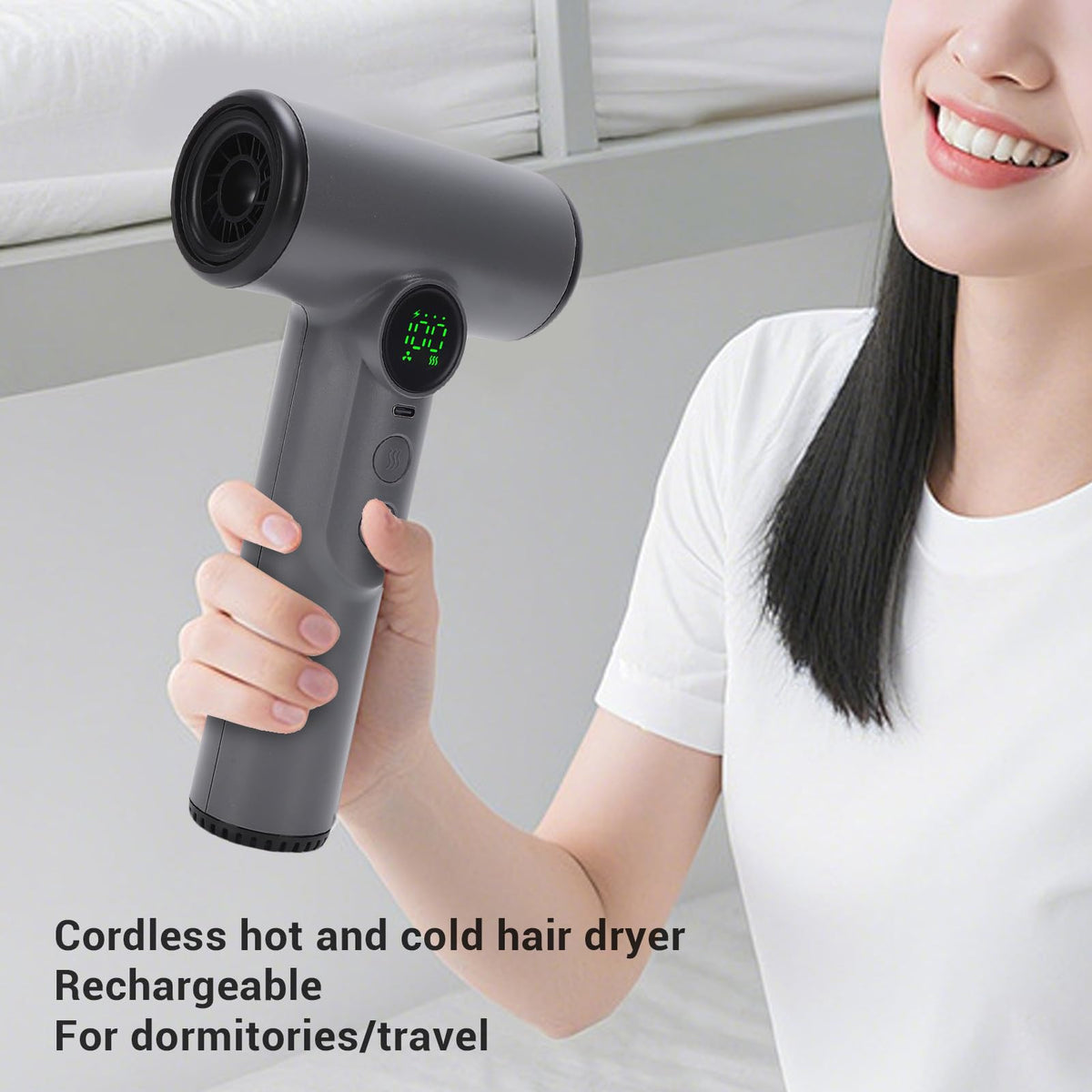 FOSA cordless hair dryer side view emphasizes lightweight portability for dorms and trips