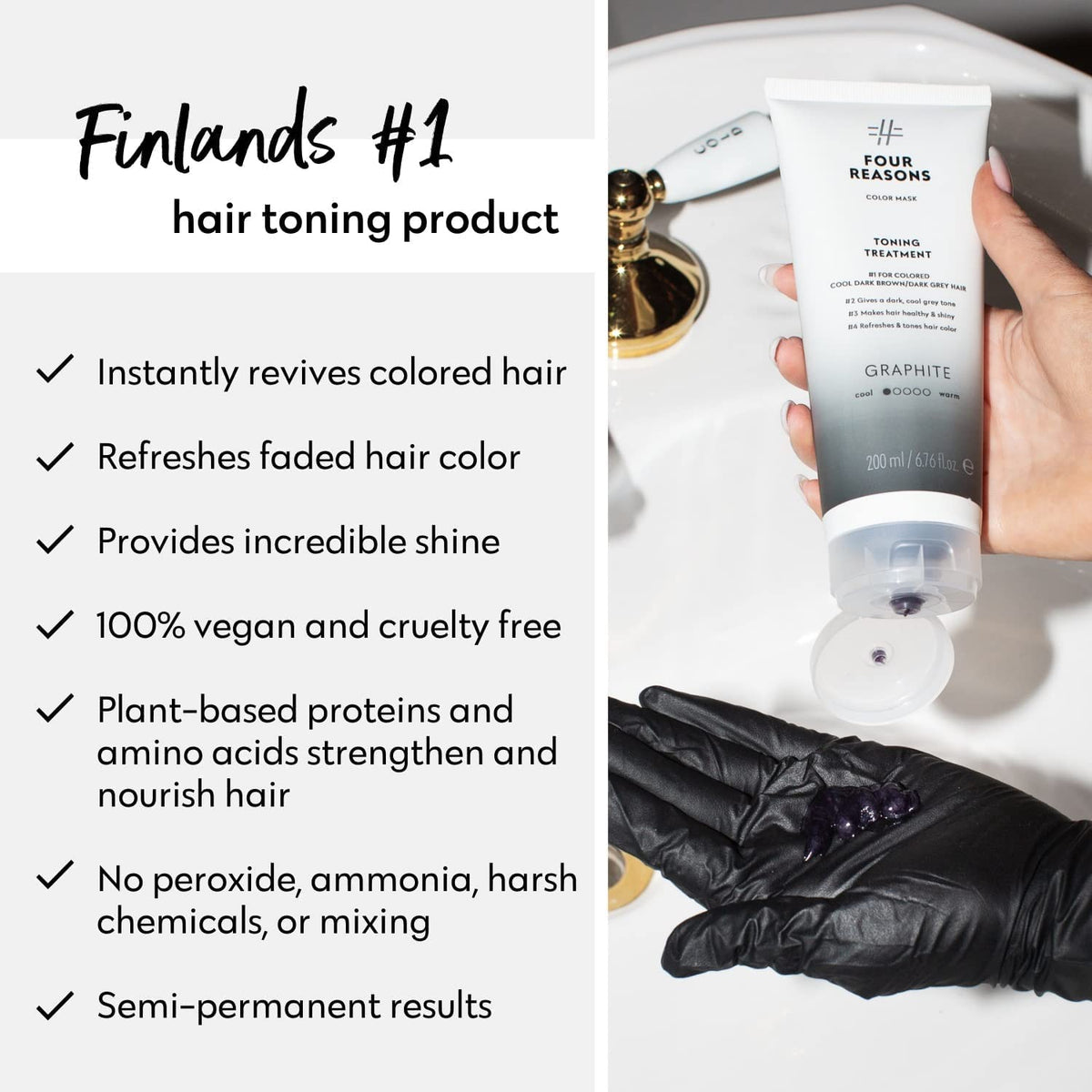 FOUR REASONS Color Mask Graphite swatches on hair to neutralize warmth and brass