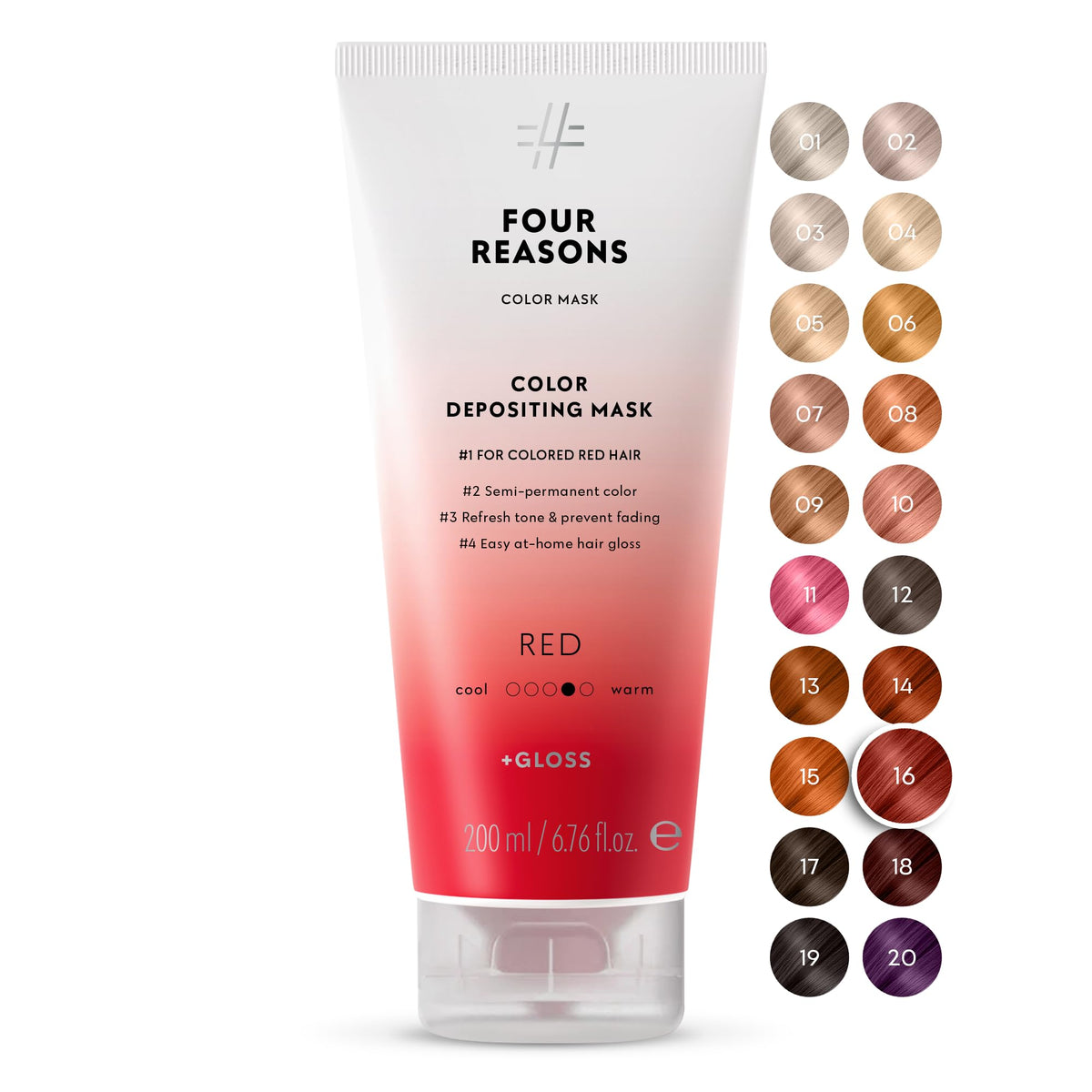 Four Reasons Color Mask Red bottle showcasing vibrant color deposit for color-treated hair.
