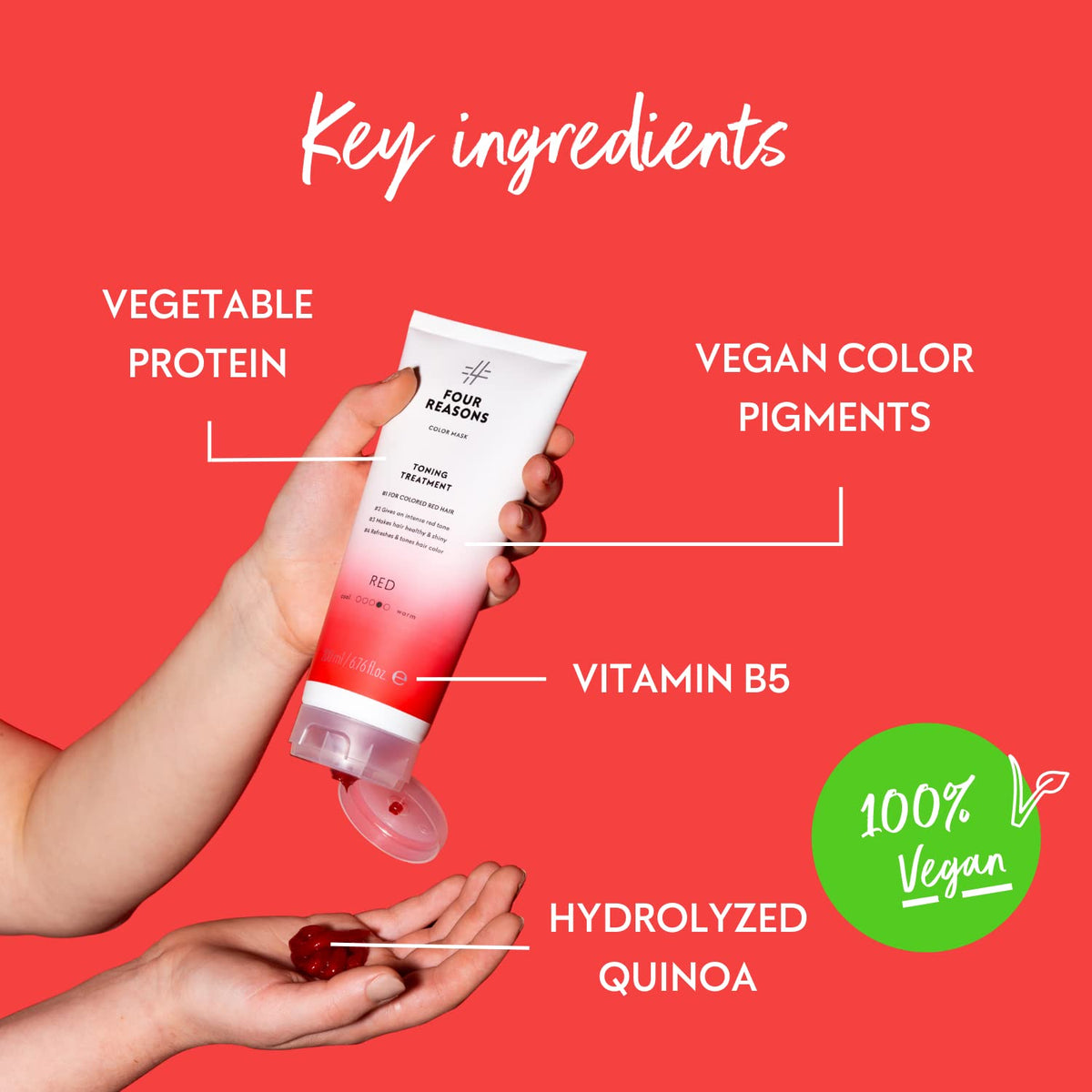 Sleek bottle of Color Mask Red highlighting vegan, cruelty-free formula.