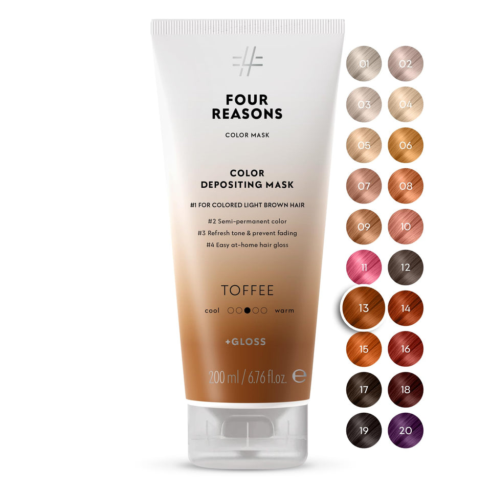 FOUR REASONS Color Mask Toffee packaging highlights vegan formula for nourished shine.