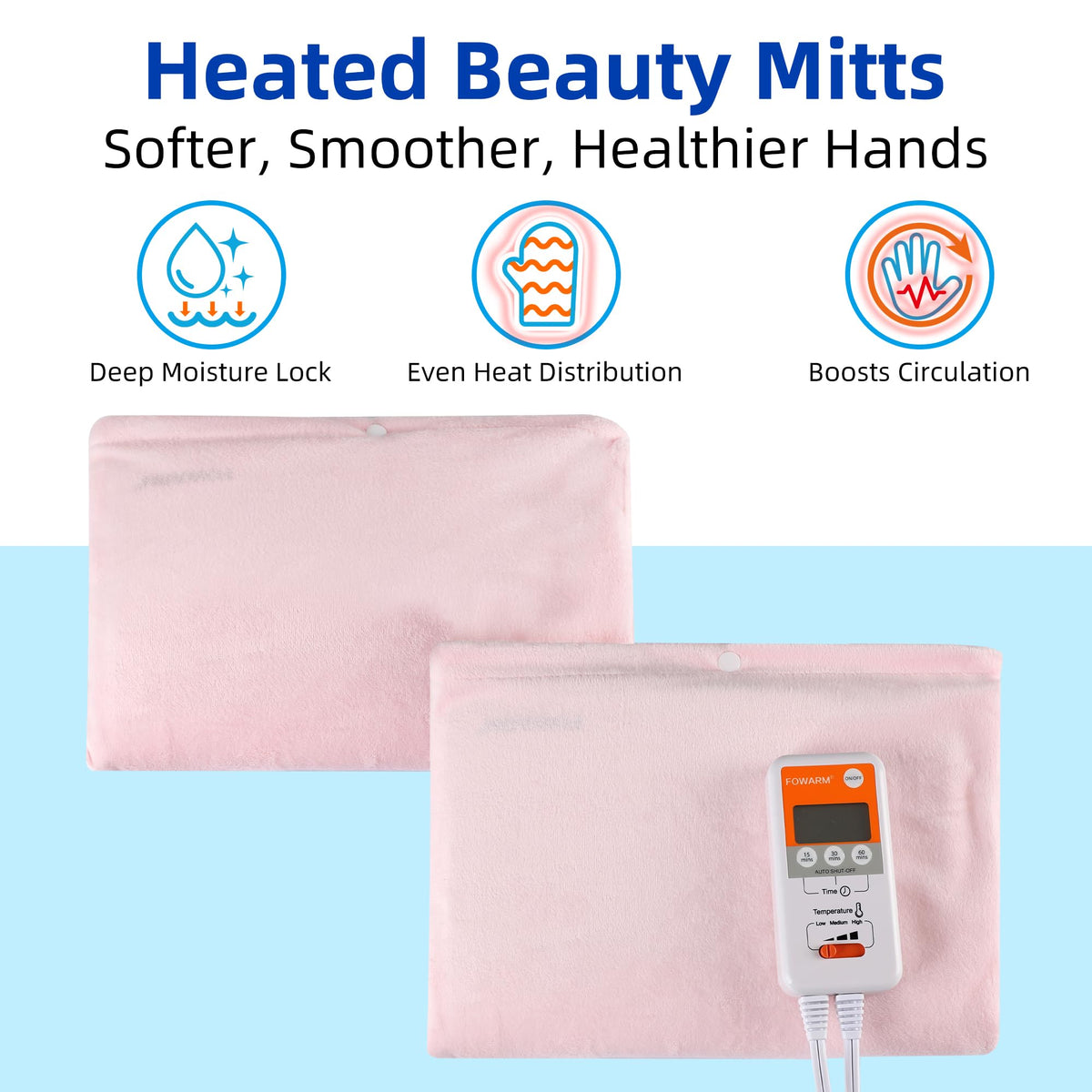 FOWARM heated beauty mitts with soft lining for moisturizing absorption.