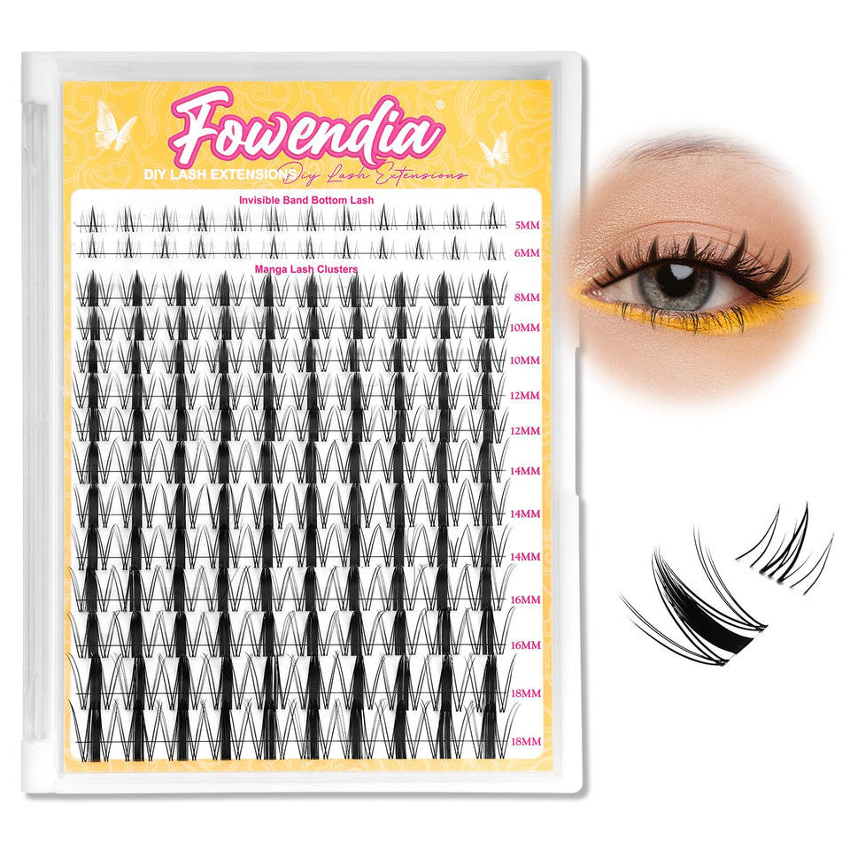 Fowendia Manga Lash Clusters packaging shows premium, lightweight fibers for natural appeal.