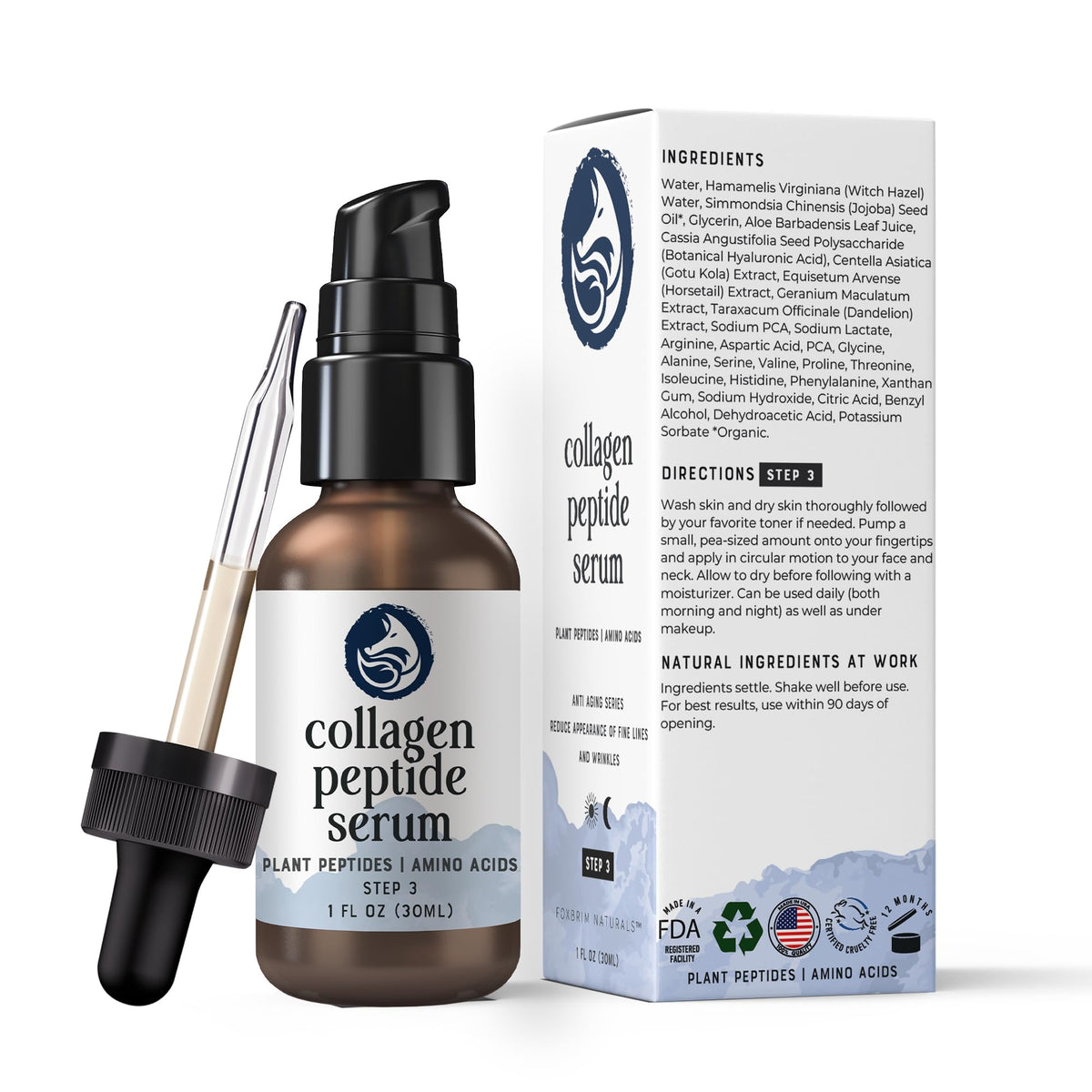 Foxbrim Naturals vegan clean beauty badge beside the front label.