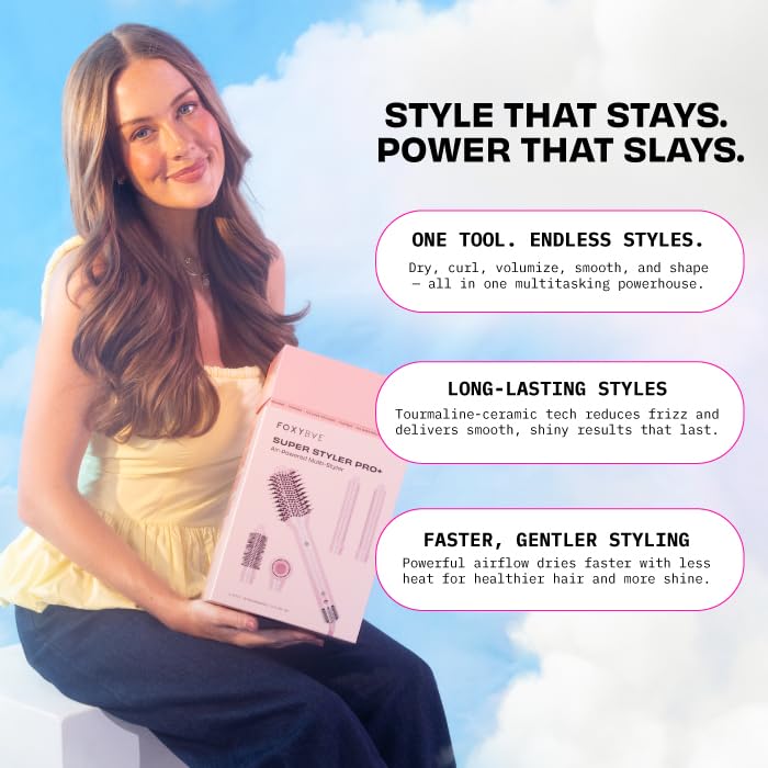FoxyBae Super Styler Pro ceramic blowout brush smooths with gentle heat and shine.