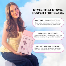 FoxyBae Super Styler Pro ceramic blowout brush smooths with gentle heat and shine.